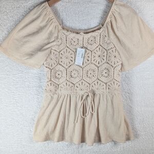 375-Elegant Cream Crochet Women Top